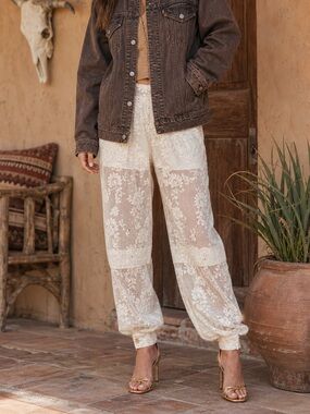 176 • Boho Cream Lace Embroidered Jogger Pants